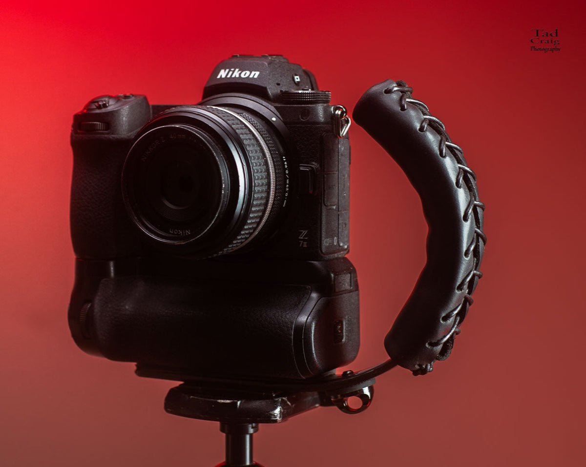 Black Leather Camera Handle on Mirrorless Camera